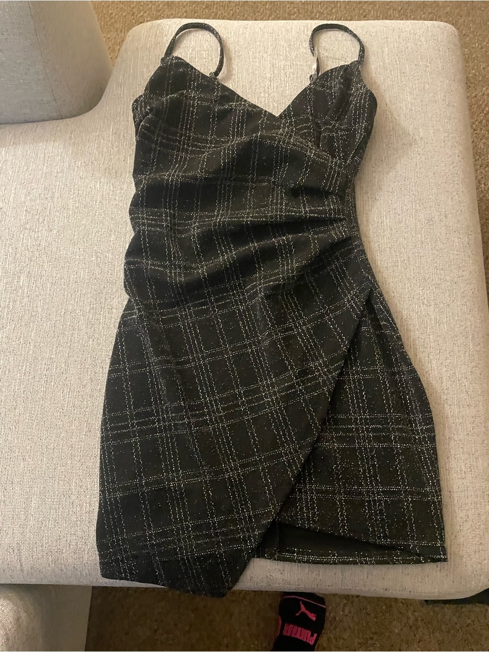 Black Sparkle Plaid Wrap Mini Dress